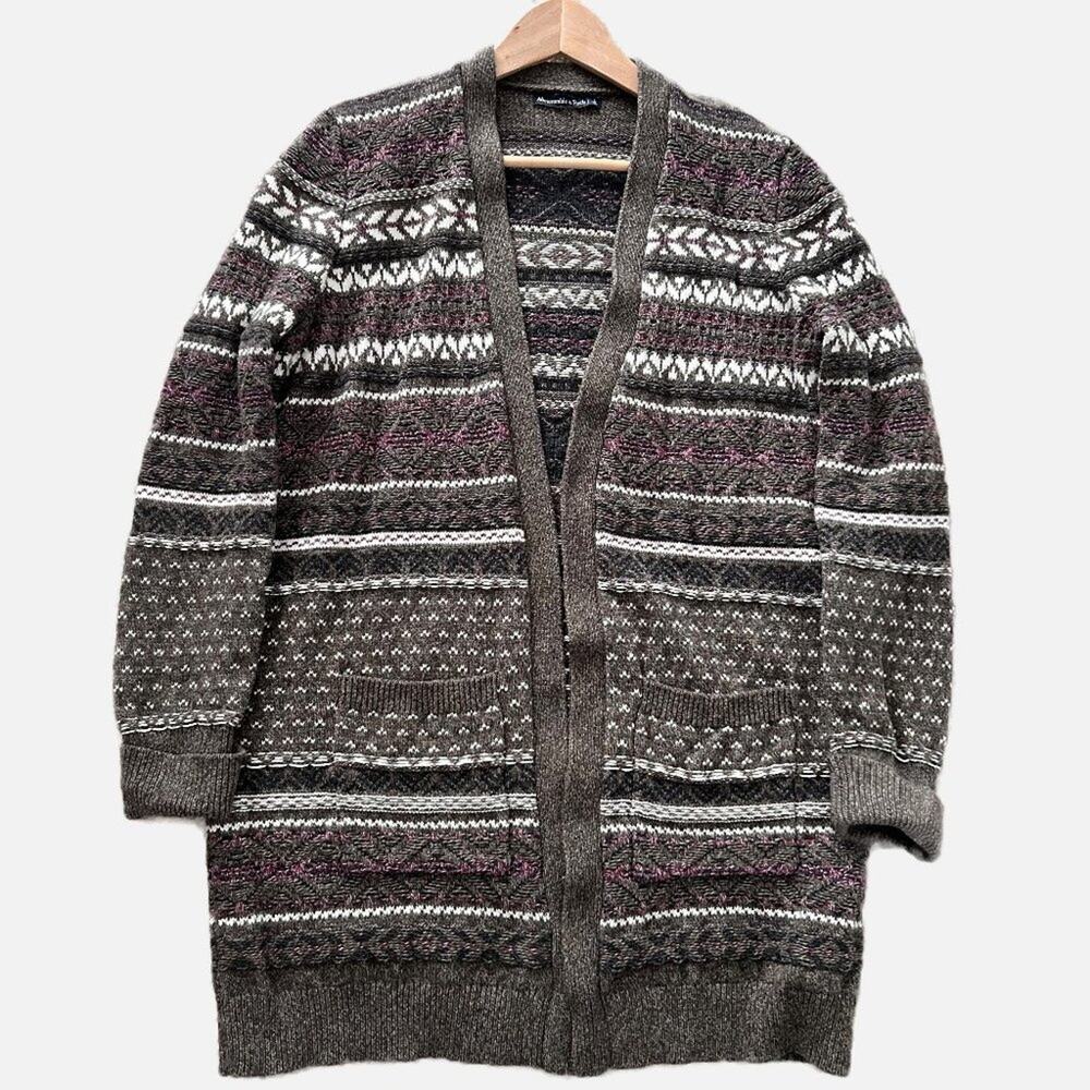 Abercrombie & Fitch Long Cardigan Buttonless Sweater Gray Tan Pattern Women LG